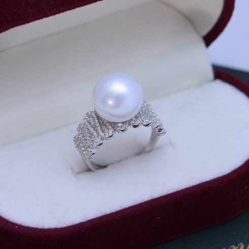 11-12mm Freshwater Pearl & Liz CZ Wide Ring - House Of Pearls